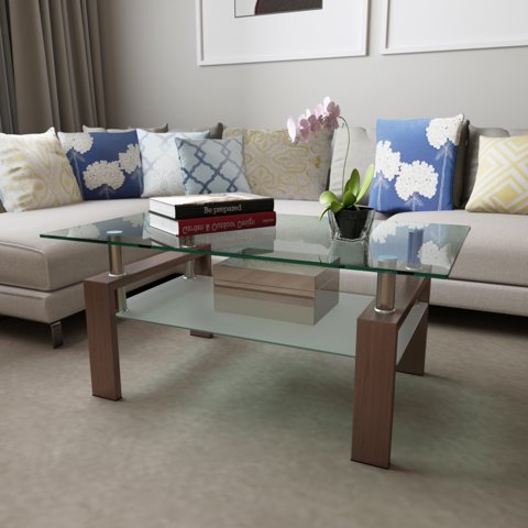M&Ms - Rectangle Walnut Glass Coffee Table, Clear Coffee Table, Modern Side Center Tables For Living Room, Living Room Furniture