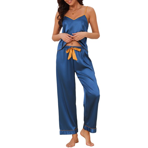 INSPIRE CHIC Conjunto de Pijama de Satén de 3 Piezas para Mujer, Top de Cami con Cuello en V Sedoso con Pantalones Palazzo y Máscara para Dormir, Ropa de Casa para Primavera Verano XS Azul Profundo