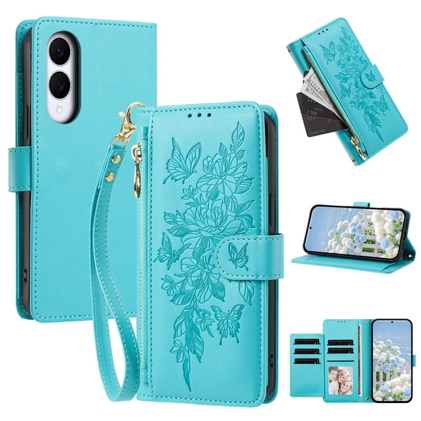 Funda Billetera Floral en Relieve samsung galaxy S25 edge con Tarjetero y Cremallera Verde