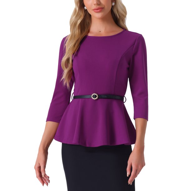 INSPIRE CHIC Blusas Peplum para Mujeres Regreso a Clases Atuendo de Maestra Manga 3/4 Blusa Elegante de Trabajo con Cinturón M Púrpura