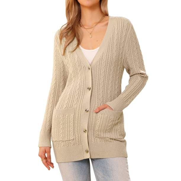 INSPIRE CHIC Cárdigan Casual de Suéter para Mujer de Punto Retorcido Otoño Invierno Largo Cardigans Modernos XL Albaricoque Oscuro