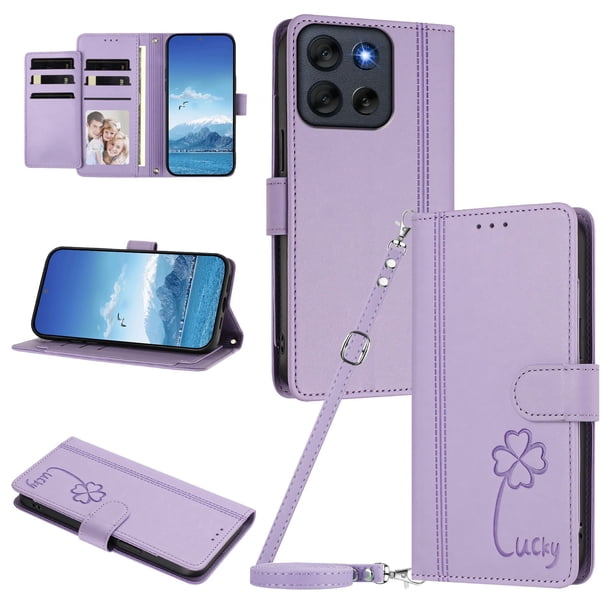 Funda Cartera Trébol para Motorola Moto G56 con Ranuras Tarjetas y Carga Inalámbrica Morado claro