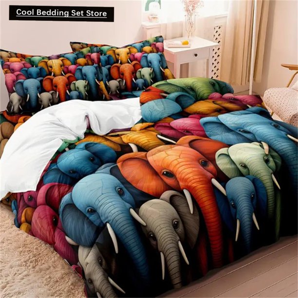 x1305 Bed SheetsColorful Elephant Print Duvet Cover Set - Soft, Breathable Comfortable Bedding for All Seasons, Includes Duvet Cover 3-Piece Bedding Set (1 Duvet Cover + 2 Pillow Shams) nj1305