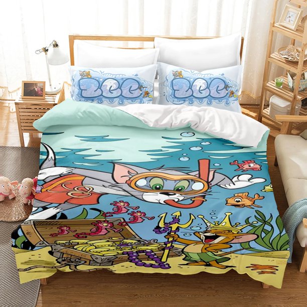x428 Bed SheetsTom & Jerry Cartoon Animation Bedding Sets Polyester Bedding Size Print Twin Boys Bedding Sets Bedroom Sets 3-Piece Bedding Set (1 Duvet Cover + 2 Pillow Shams) nj428