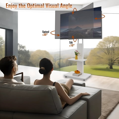 M&Ms - Tv Stand With Shelf For Living Room, Bedroom,Offices,Mobile Tv Cart For 32-75 Inches,Floor Stand With Mount On Lockable Wheels,White