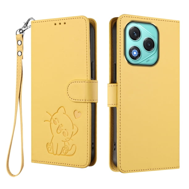 Funda Billetera con Relieve de Gato para Honor 400 Lite, Amarillo