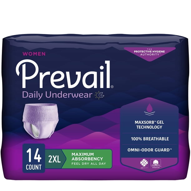 Ropa interior para incontinencia Prevail Daily 2XL, gran capacidad de absorción, paquete de 14 unidades