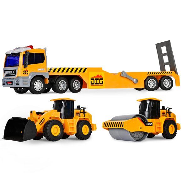 Camión transportador de construcción Deluxe Maxx Action con 2 vehículos