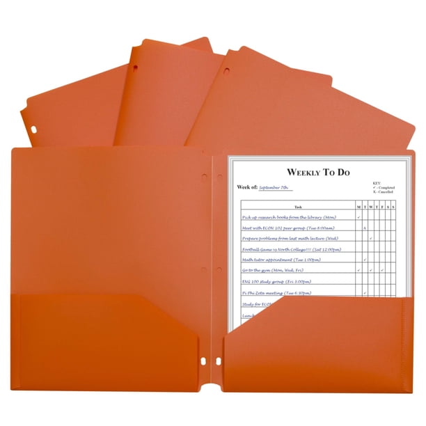 Folder C-Line de polipropileno resistente, 2 bolsillos, perforación de 3 orificios, naranja