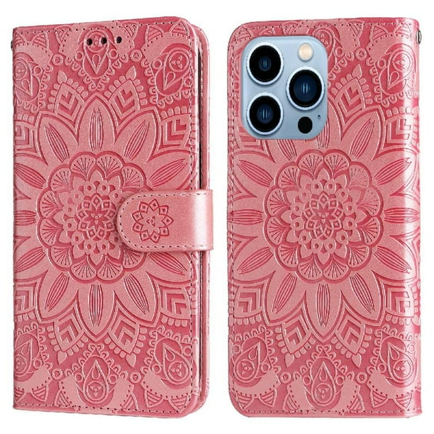 Funda tipo cartera FOXDOCK para iPhone 13 Pro , diseño girasol en relieve, cuero PU, cierre magnético, soporte y tarjetero