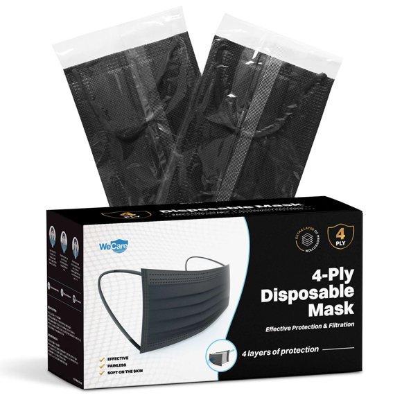Máscaras faciales WECARE de 4 capas negras envueltas individualmente en caja de 50