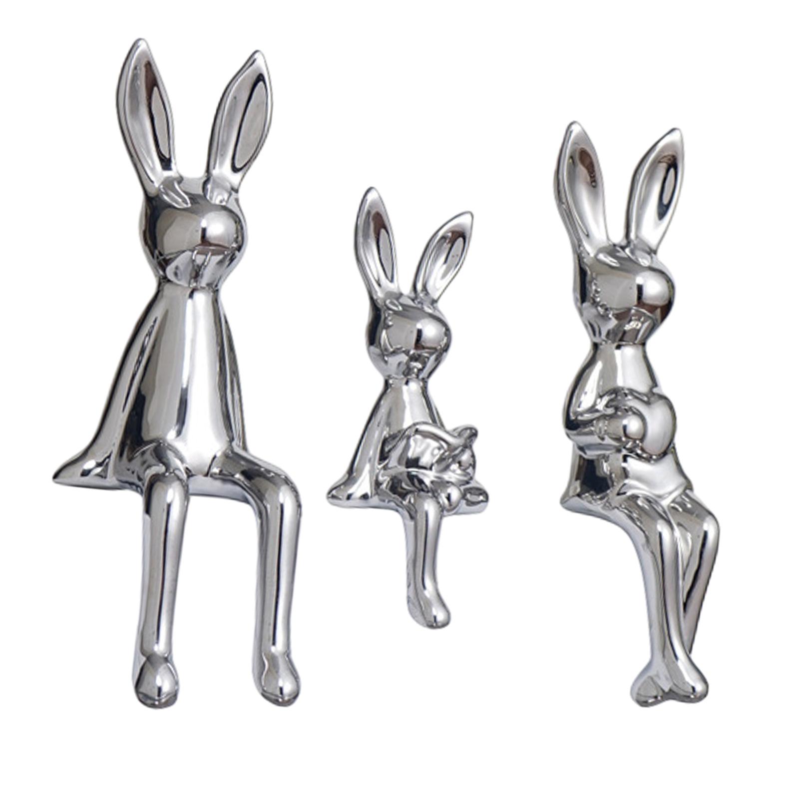 Magideal - 3X Estatuilla Familiar De Conejitos, Estatuas De Conejo, Mesa De Exhibición De Escritorio, Centro De Mesa, Adorno, Escultura De Animal Para Decoración Plata