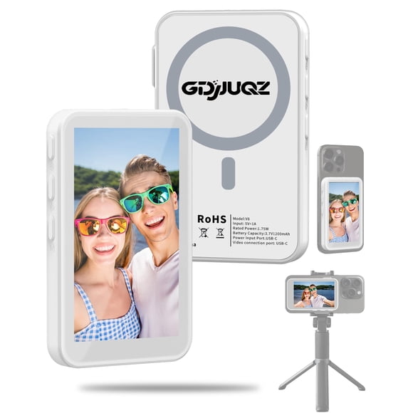 Pantalla monitor para selfies para iPhone, monitor magnético inalámbrico para vlogs con cámara trasera, control remoto Bluetooth y altavoz para TikTok, vlogs y transmisiones en vivo - blanco