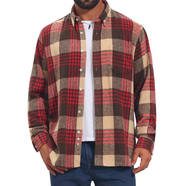 INSPIRE CHIC Camisa de Franela a Cuadros Retro de Manga Larga Casual de Algodón Cepillado para Hombre M Marrón Rojo