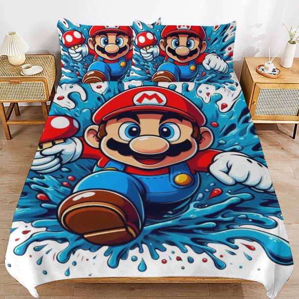 Super Mario 3-Piece Comforter Set for Bedroom Super Mario Bedding Set for Kids Adults Soft Microfiber Duvet Cover Set with Zipper Closure