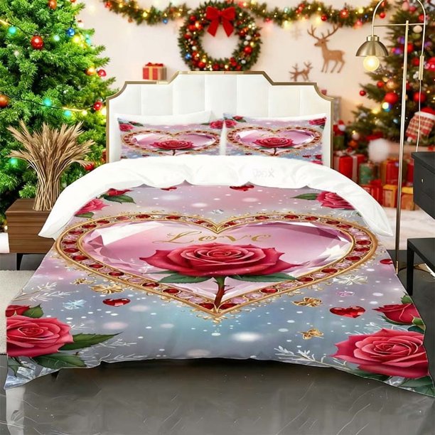 Gem Heart Shaped Rose 2D Printed Duvet Cover Set Theme Bedding Duvet Cover Pillowcase Set Soft Comfortable Suitable for Home And Be