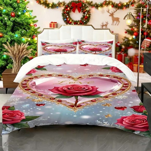 Gem Heart Shaped Rose 2D Printed Duvet Cover Set Theme Bedding Duvet Cover Pillowcase Set Soft Comfortable Suitable for Home And Be