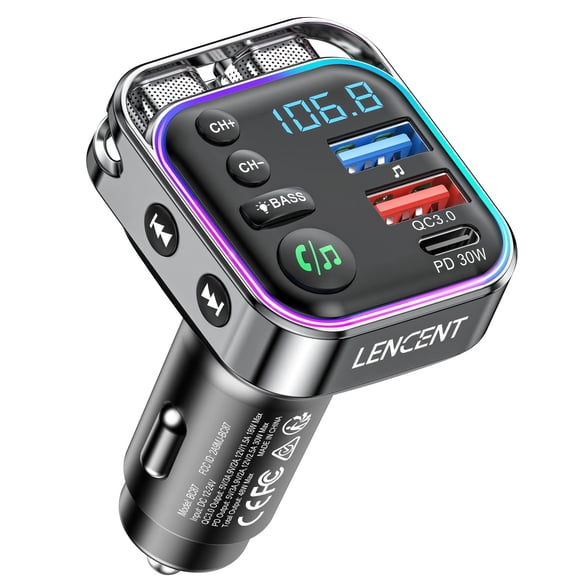Transmisor FM LENCENT Bluetooth 5.3 Adaptador de coche con cargador de 48 W