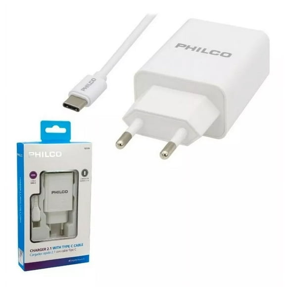 CARGADOR CELULAR 2.1 DOBLE USB /CABLE TIPO C BLANCO, PHILCO COLOR BLANCO
