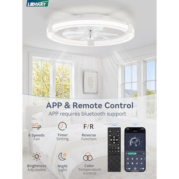 Ventilador de techo LEDIARY 20 pulgadas LED, 6 velocidades y control remoto