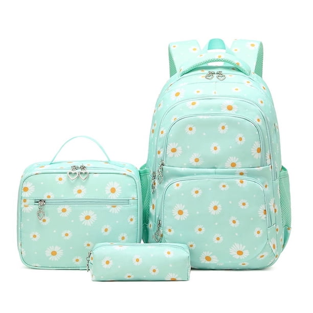 Daisy Prints School Backpack Set with Lunch Kits Bookbag for Teenager Girls 3pcs SchoolBag for Primary Student Book Bag