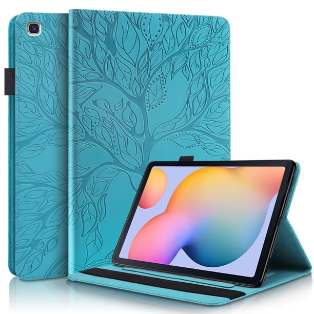 Funda con relieve del Árbol de la Vida para tablet Samsung Galaxy Tab S6 Lite con soporte, ranuras para tarjetas y soporte para lápiz óptico. Azul