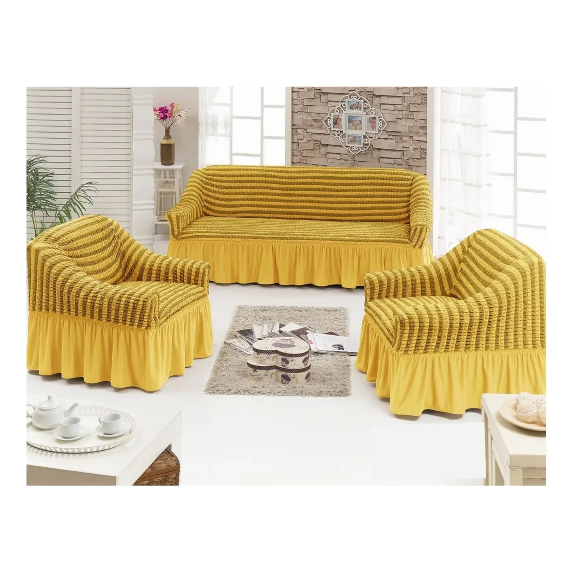 Casadeliacl - Funda Tfi Raya Kit Para Sillón 3+1+1 Líneas / Amarillo / Rayas