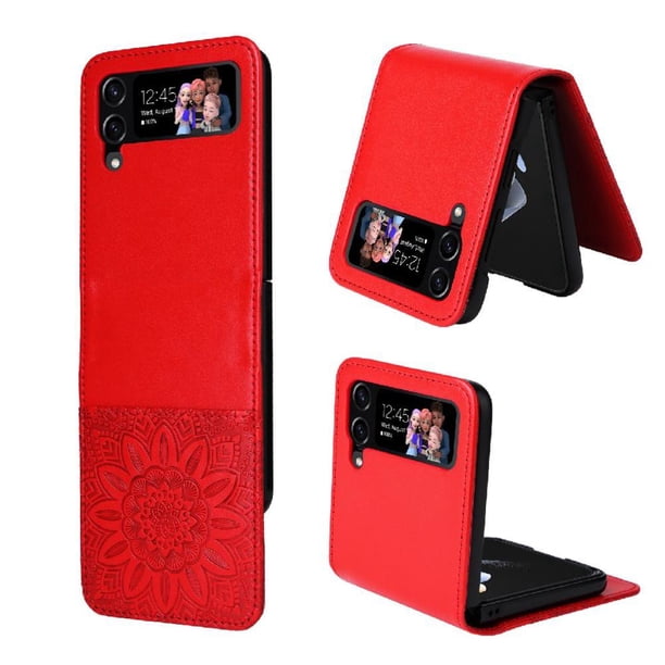 Funda tipo cartera FOXDOCK para Samsung Galaxy Z Flip 4 , diseño girasol en relieve, cuero PU, cierre magnético, soporte y tarjetero