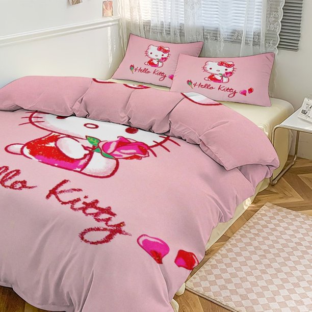 Cartoon Hello Kitty Rose Girl Room Decor Size Bedding Set for Kids 3 Piece Bedding with 1 Flat Sheet And 2 Pillowcases Twin