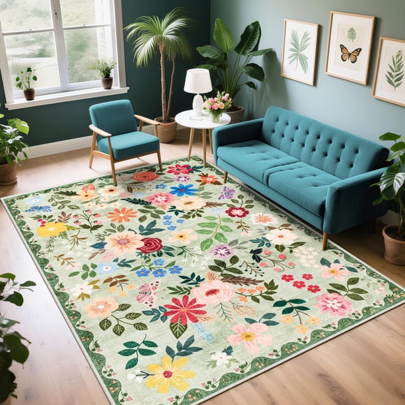 Alfombra de Área PLHXFR 140x91 cm Floral Lavable Boho Verde