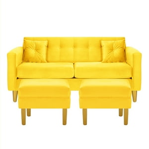 Bodevir - Sofa New Retro 3C + 2 Pouf Felpa 01 Amarillo