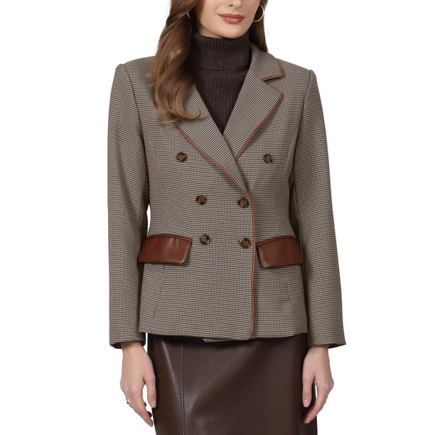 INSPIRE CHIC Blazer de Cuadros para Mujer de Moda Casual de Pata de Gallo Doble Botonadura Chaqueta de Traje L Gris Marrón
