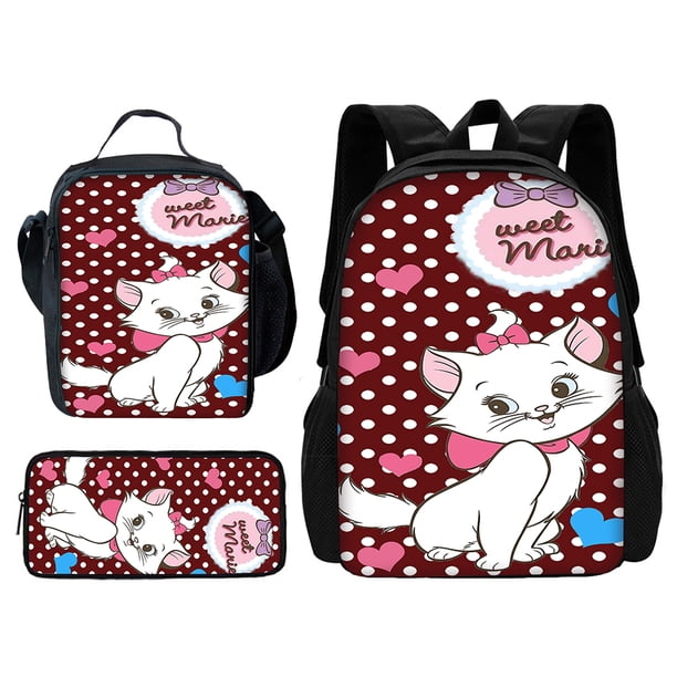 3 pcs set Cartoon Maries Cat Child School Backpack with Lunch Bags ,Pencil Bags ,Cartoon School Bags for Boys Girls Best Gift