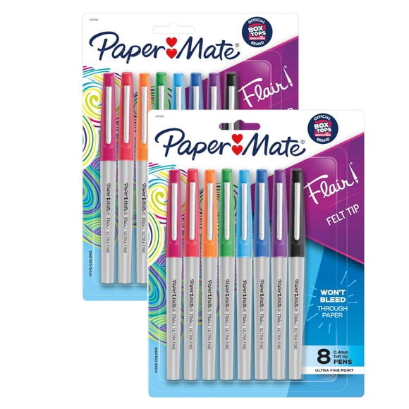 Paper Mate Flair Bolígrafos de Punta de Fieltro, Punto Ultra Fino (0.4 mm), Colores Surtidos, Set de 16