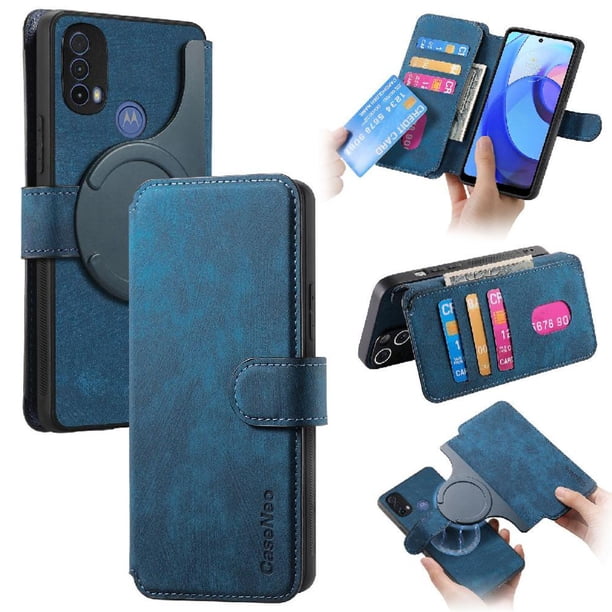 Funda Billetera Magnética para Motorola Moto E20/E30/E40 Soporte Tarjetas Desmontable Azul