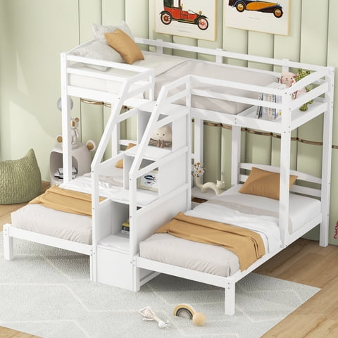 M&Ms - Twin Over Twin & Twin Bunk Bed With Built-In Staircase And Storage Drawer,White