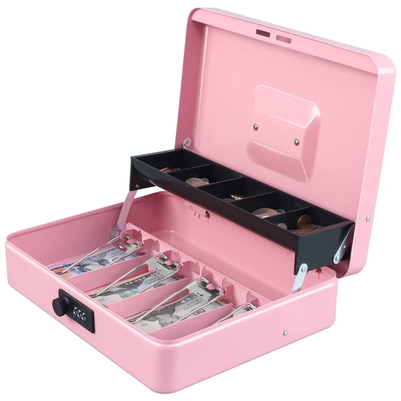 Caja de efectivo con cierre combinado con bandeja para dinero, color rosa