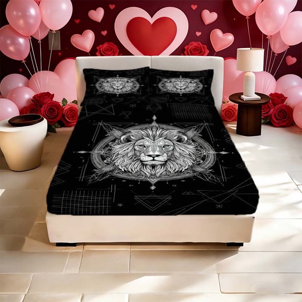 Geometric Lion Illustration Printed Bed Fitted Sheet Bed Fitted Sheet Pillowcase Set Soft Comfortable And Breathable