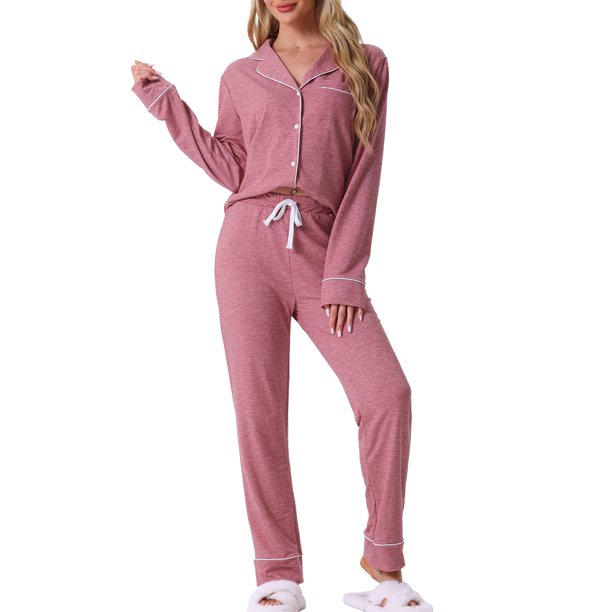 INSPIRE CHIC Conjunto de Pijama de Manga Larga para Mujer con Botones, Ropa de Dormir con Ribete en Contraste y Pantalones de Cintura Elástica L Rosa