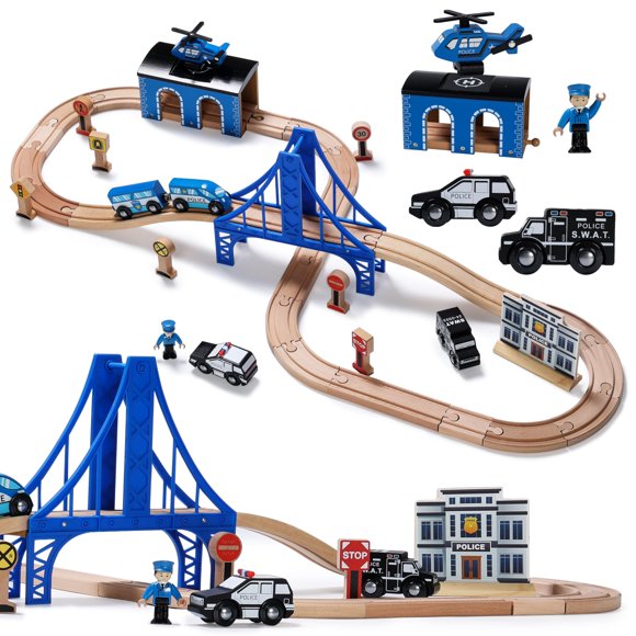 Set de trenes de madera SainSmart Jr. Niños policiales interactivos