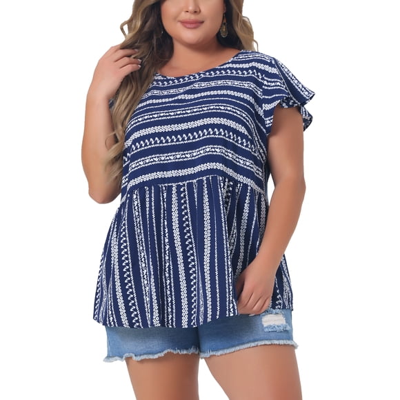 Agnes Orinda Blusa de Talla Grande para Mujer Boho con Estampado Floral Cuello Redondo Mangas con Volantes Camisas 4X Azul Oscuro