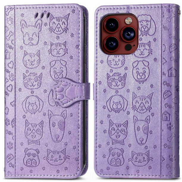 Funda Cartera FOXDOCK para iPhone 15 Pro , Flip PU con Relieve de Gatos y Perros, Tarjetero y Soporte