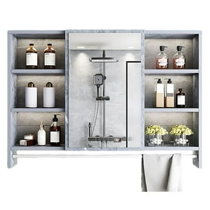 Pitaya - Mueble De Baño Organizador De 6 Repisas Con Espejo 90 X 12 X 70 Cm Mármol Sintético Gris