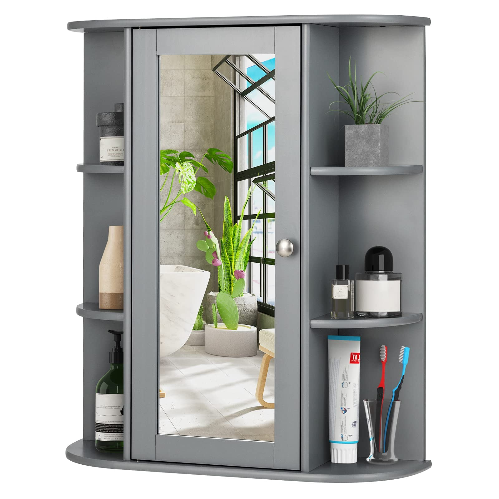 Mueble De Baño Montado En La Pared Costway Con Espejo Gris