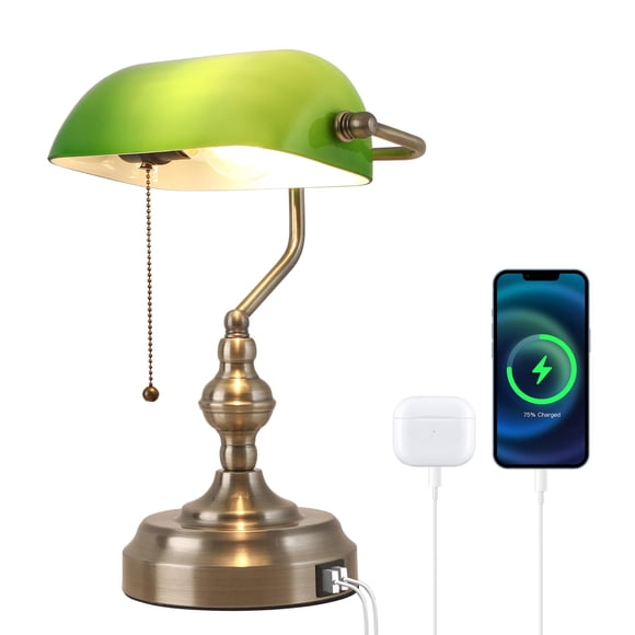 Lámpara de escritorio estilo banquero Liylan Green con carga USB