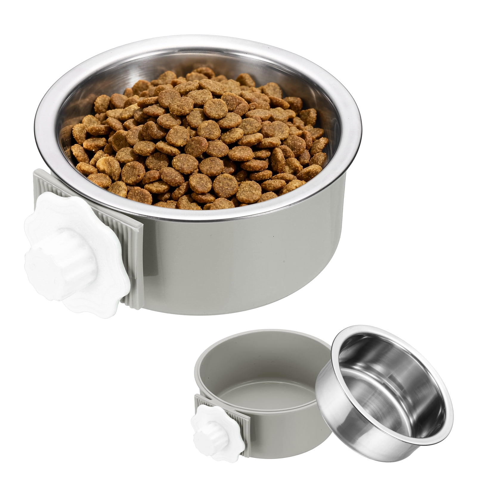 Uxcell Cuenco para Jaula de Perro, Comedero de Agua y Comida Antivuelco de Acero Inoxidable Desmontable para Jaula de Mascotas (Redondo, Gris, 13.2oz), Destinado para Cachorros/Gato/Conejo/Pájaro