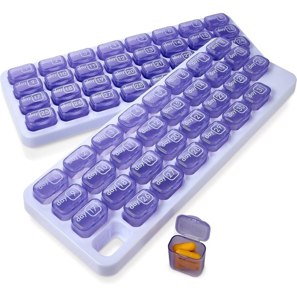 MEDca Organizador de Pastillas de 31 Días con Planificador, Bandeja Blanca y Cápsulas Removibles Moradas - Pack de 2