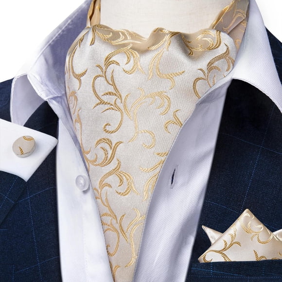 Set Ascot Cravat de seda con paño y colleras. Modelo White Golden