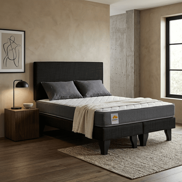 Cama 2 Plazas Completa con Colchon 21 cm y Respaldo Negro – Base Firme y Confortable