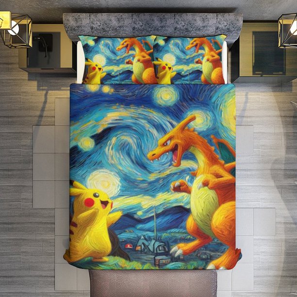 Pokmon Charmander 3 Piece Sets Full/Queen Size - Reversible Microfiber Quilts with Shams Soft Lightweight Bedspread Coverlet Comforter for All Season Bed Sheets